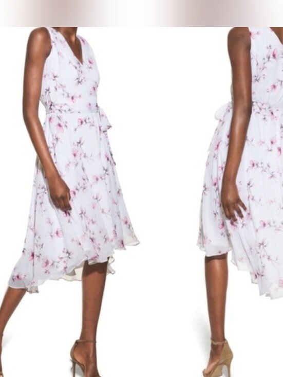 White House Black Market Dresses & Skirts - White House Black Market White Floral High-Low Dress with Pink Accents